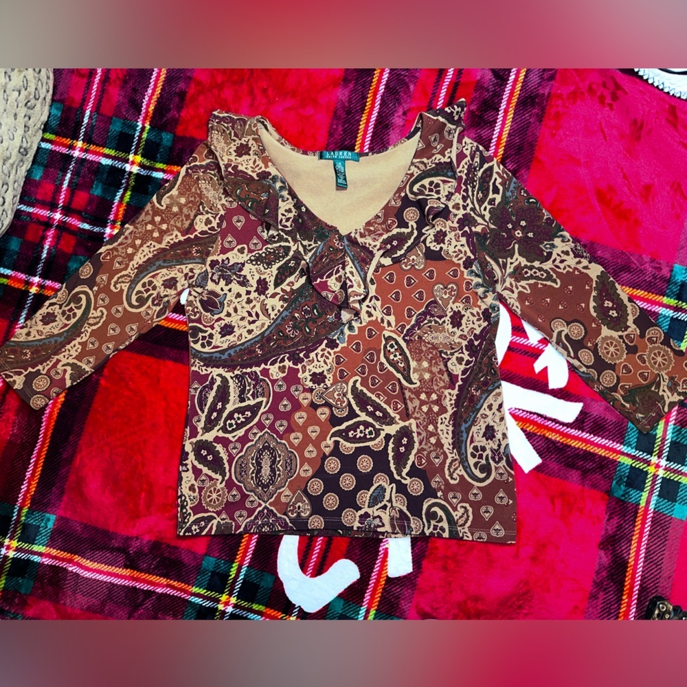 Lauren Ralph Lauren Paisley Ruffle-Neck Top (Size L) Farmhouse Cottagecore - Picture 3 of 6